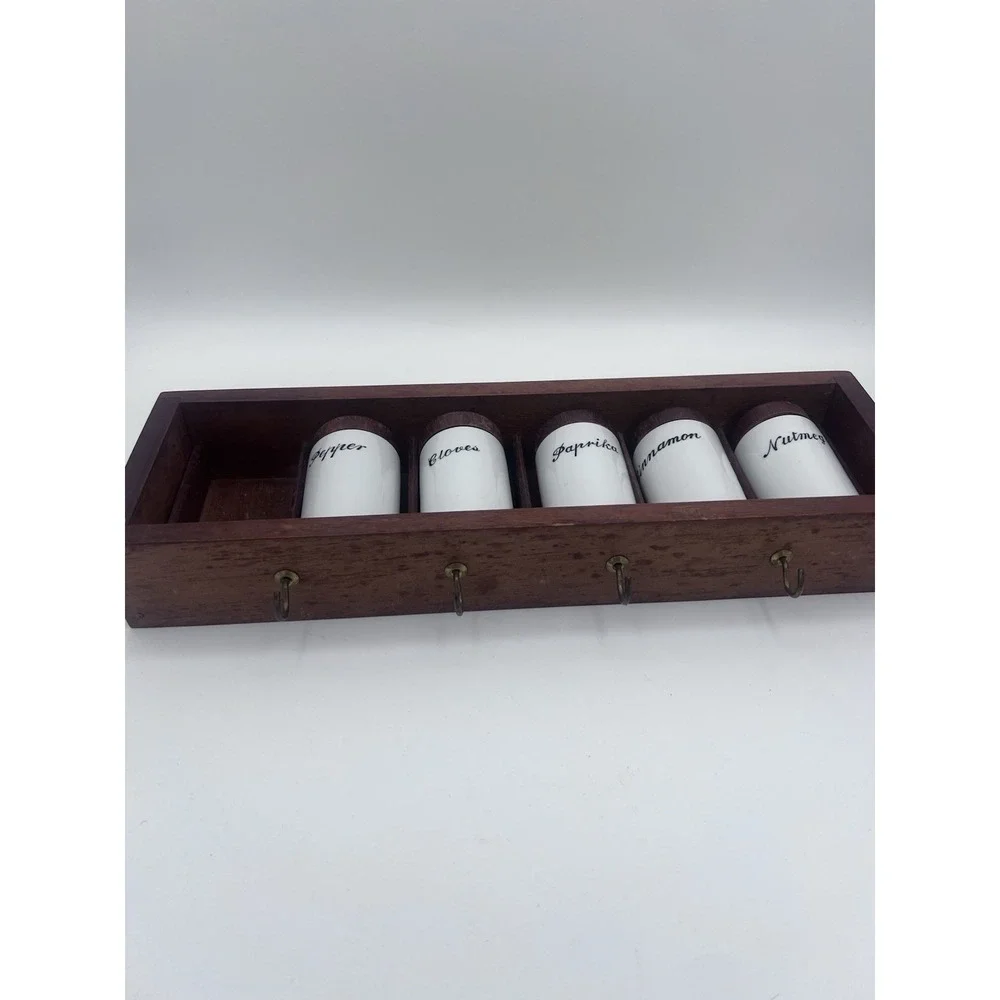 Vintage MCM Danish Modern‎ Wood and Porcelain Spice Rack